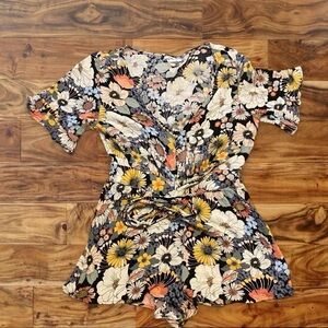 O'Neill Black Floral Wrap Short-Sleeve Tunic Romper with Yellow & Coral Accents